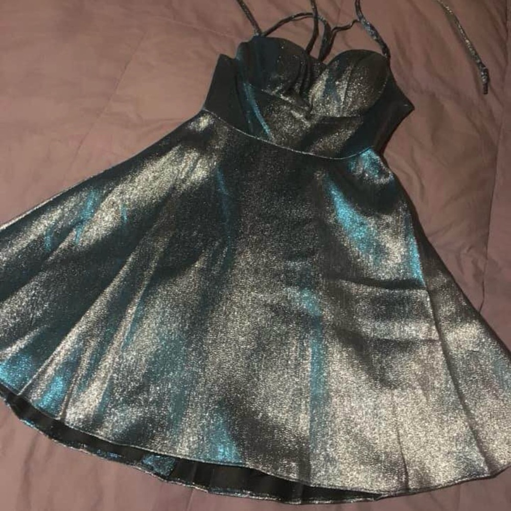 Jovani Metallic Blue and Silver Dress